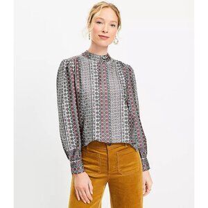 LOFT Womens XL Tiled Tie Back Mock Neck Blouse Long Sleeve Shirt Top